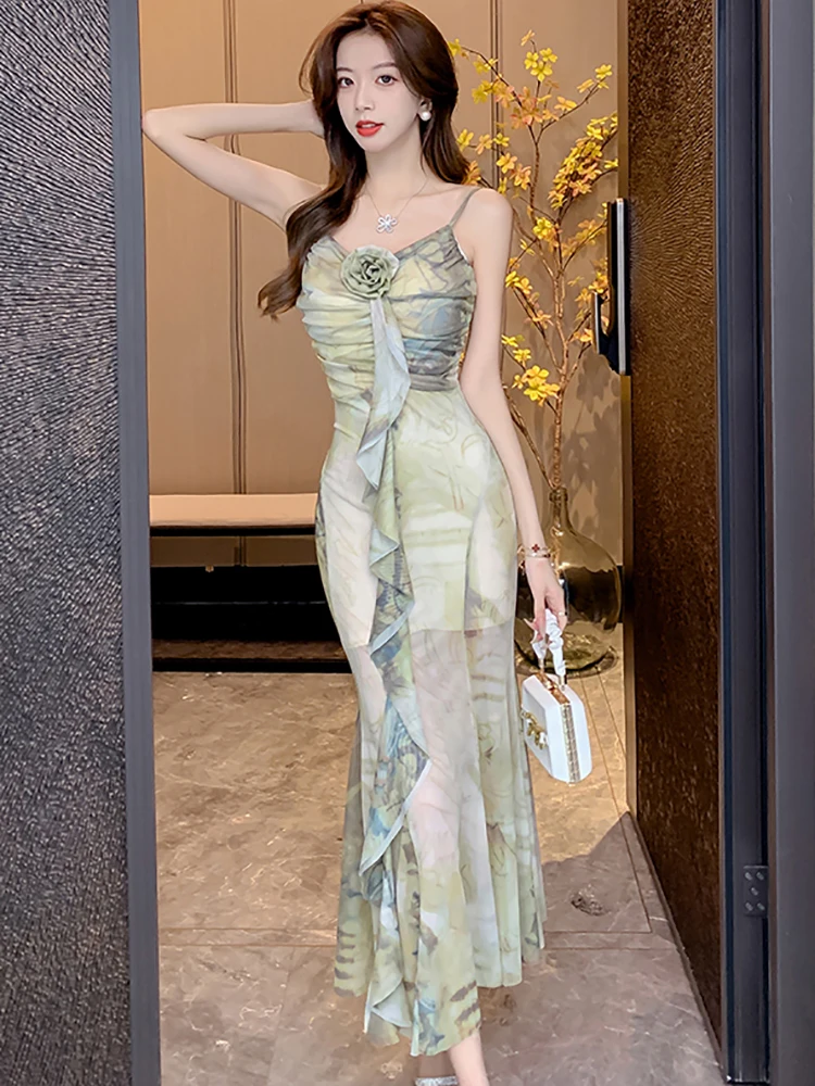 Vestido largo con estampado de flores para mujer, traje elegante de lujo con volantes, moda coreana, ceñido al cuerpo, Sexy, color verde, 2024