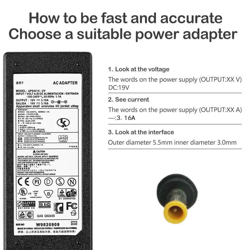 New 19V 3.16A 60W 5.5MM*3.0MM AC power adapter For Samsung R467 R428 R429 RV415 Computer Charger Replacement