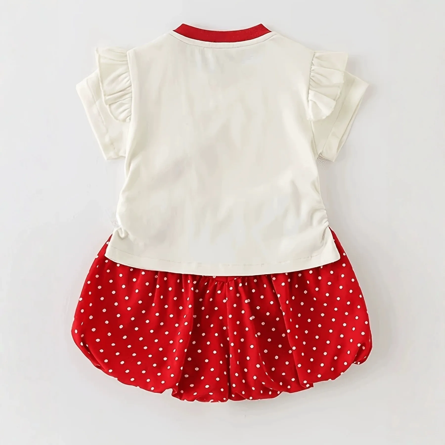 Baby Girls Summer 2Pcs Outfit Cute Cartoon Rabbit Print Ruffle Short Sleeve T-Shirt Red Polka Dot Bloomers Shorts Kids Set