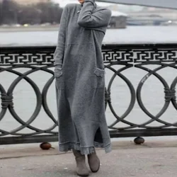 Autumn Women's 2024 New Fashion Simple Retro Hooded Commuter Dress Winter Long Sleeve Pocket Solid Color Hooded Robe