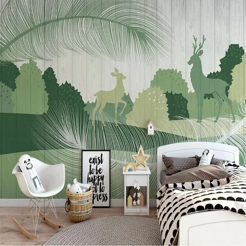 Custom Mural 3D Green Cute Feather Tree Board Children's Room Background  Painting Home Papel De Parede papel pintado de pared