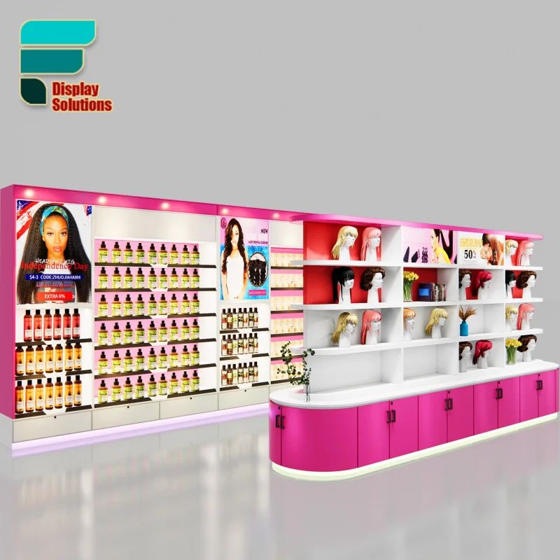 Customized-Factory Beauty Supply Store Layout Design Hair Store Display Rack With Strip Light Wig Store Display Shelves