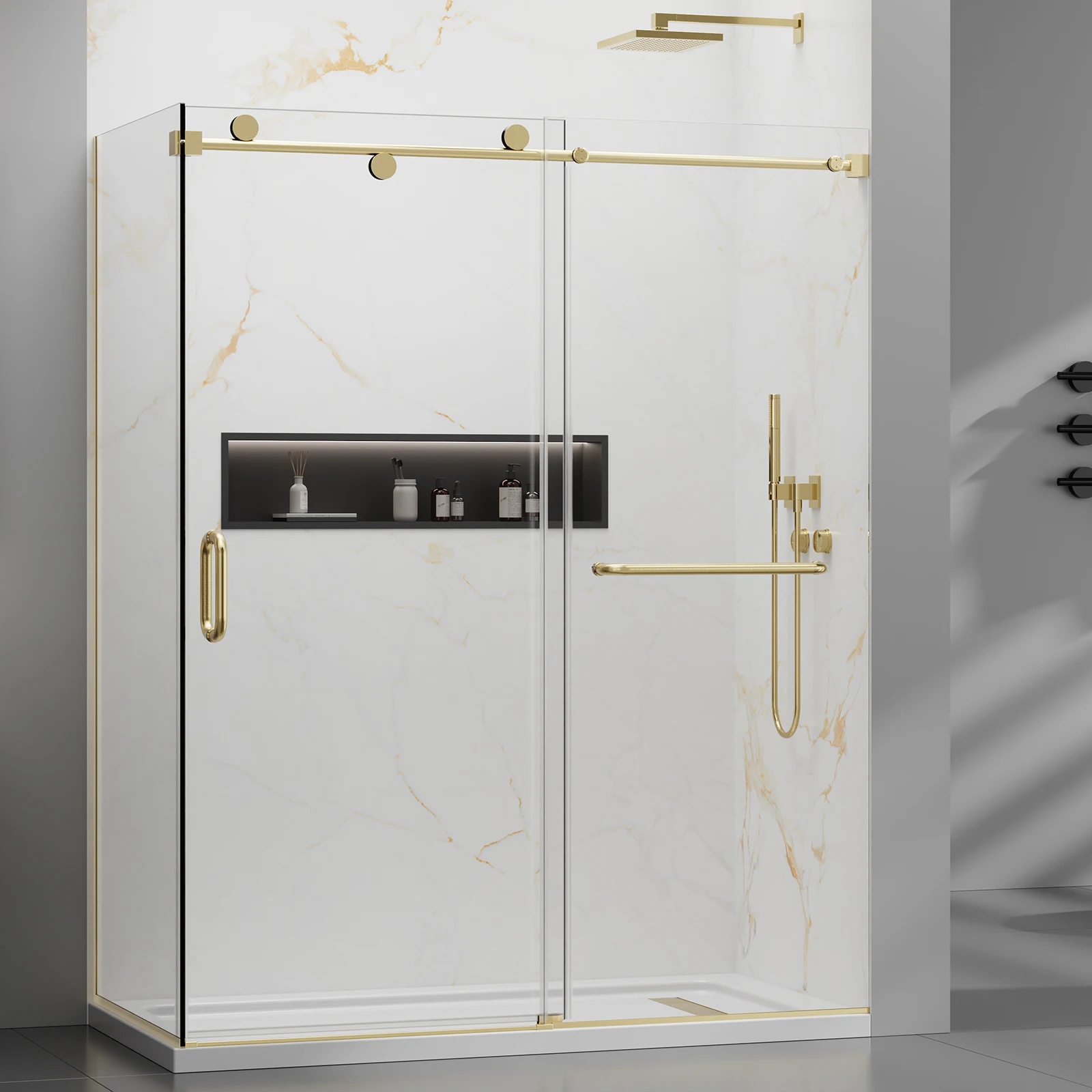 

Бескаркасная душевая дверь 56-60 x 76 дюймов, 5/16 дюйма (8 мм), прозрачное закаленное стекло SGCC, одинарные раздвижные душевые двери для ванной комнаты, матовое золото