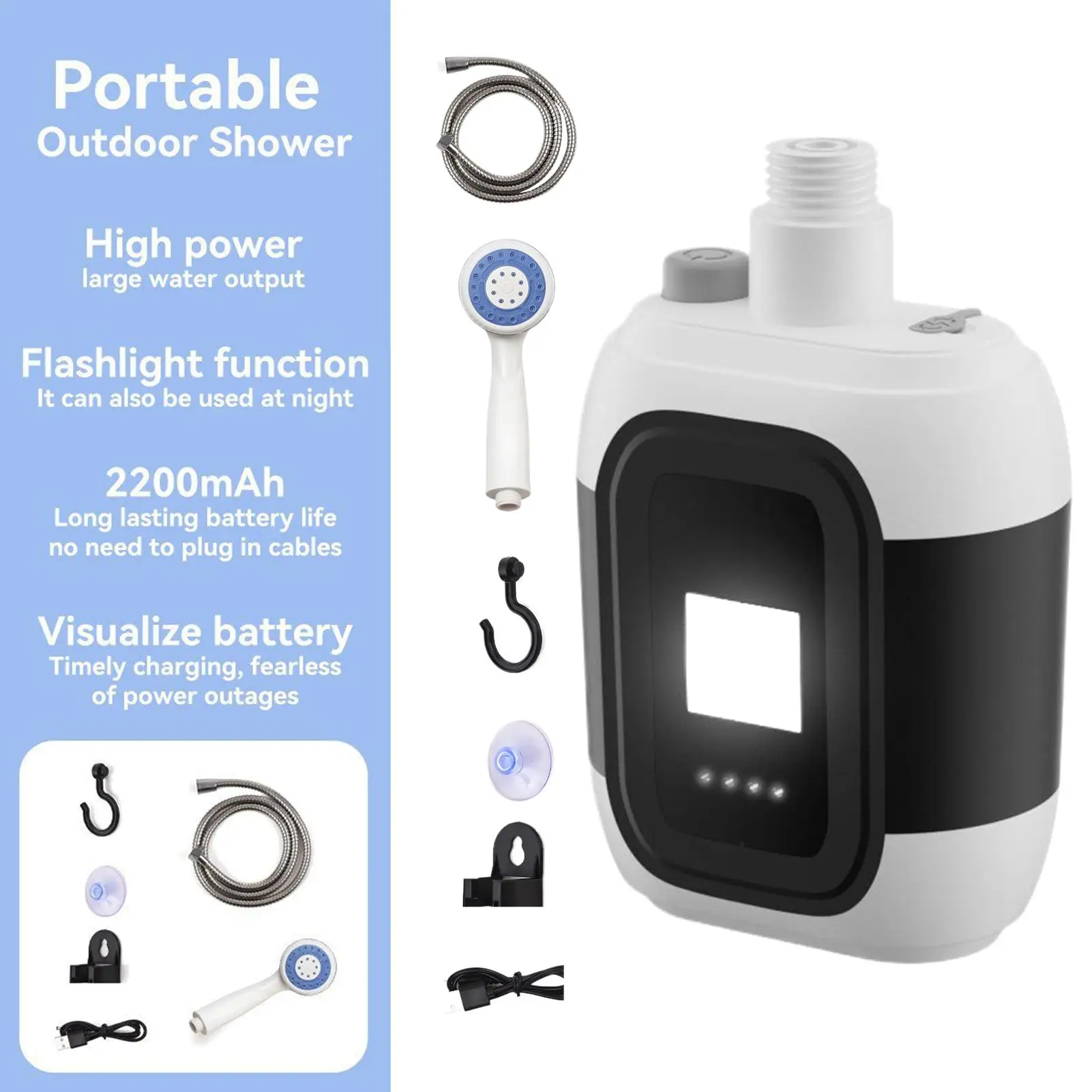 

Camping Shower Pump Rechargeable Hiking Shower With LED Light 2200mAh High-Capacity Battery Portable Outside Activities