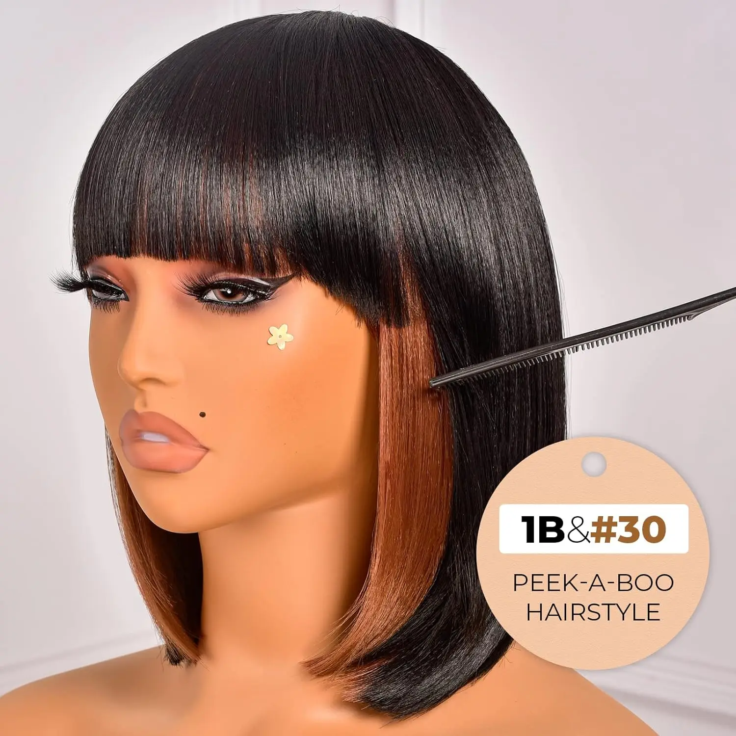 Bob Wig With Bangs - 14 Inch Peek-a-boo Color Short Bob Wig For Black Women Black Mix Brown Daily Costume Wigs, Light  Synthetic