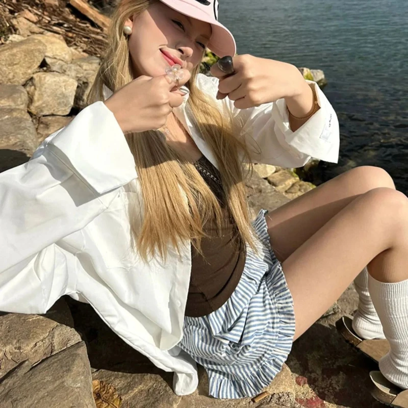 

Blue Striped Wide-leg Pants High Waist and A-word Spice Girl Shorts Sweet and Fresh Women's Clothes in Spring and Summer of 2025