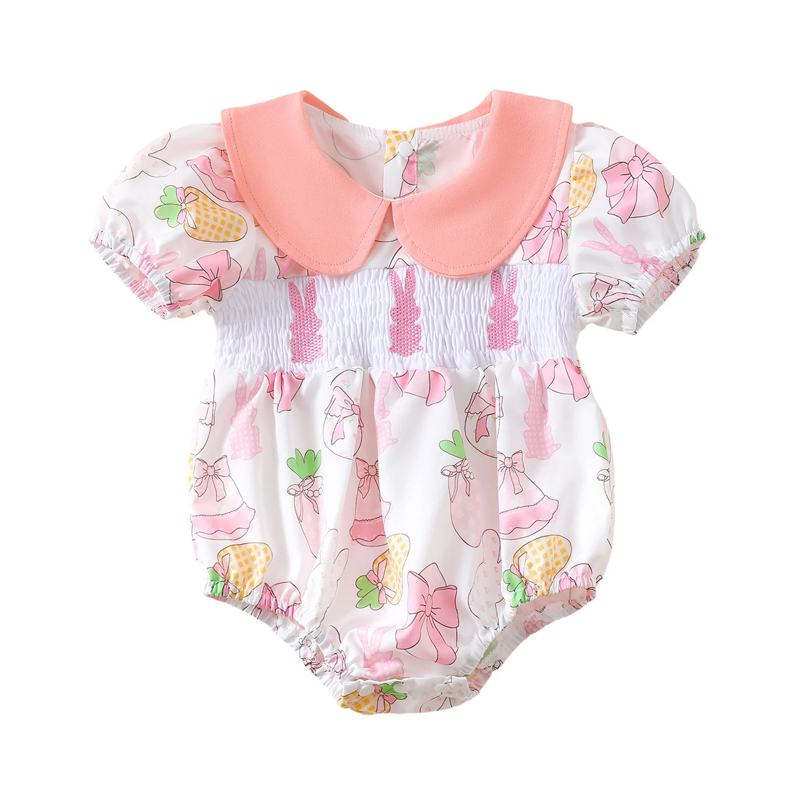

New Lovely Baby Girls girl-s Easter Romper Short Sleeve Doll Collar Bunny Embroidery Smocked Bodysuit Outfit