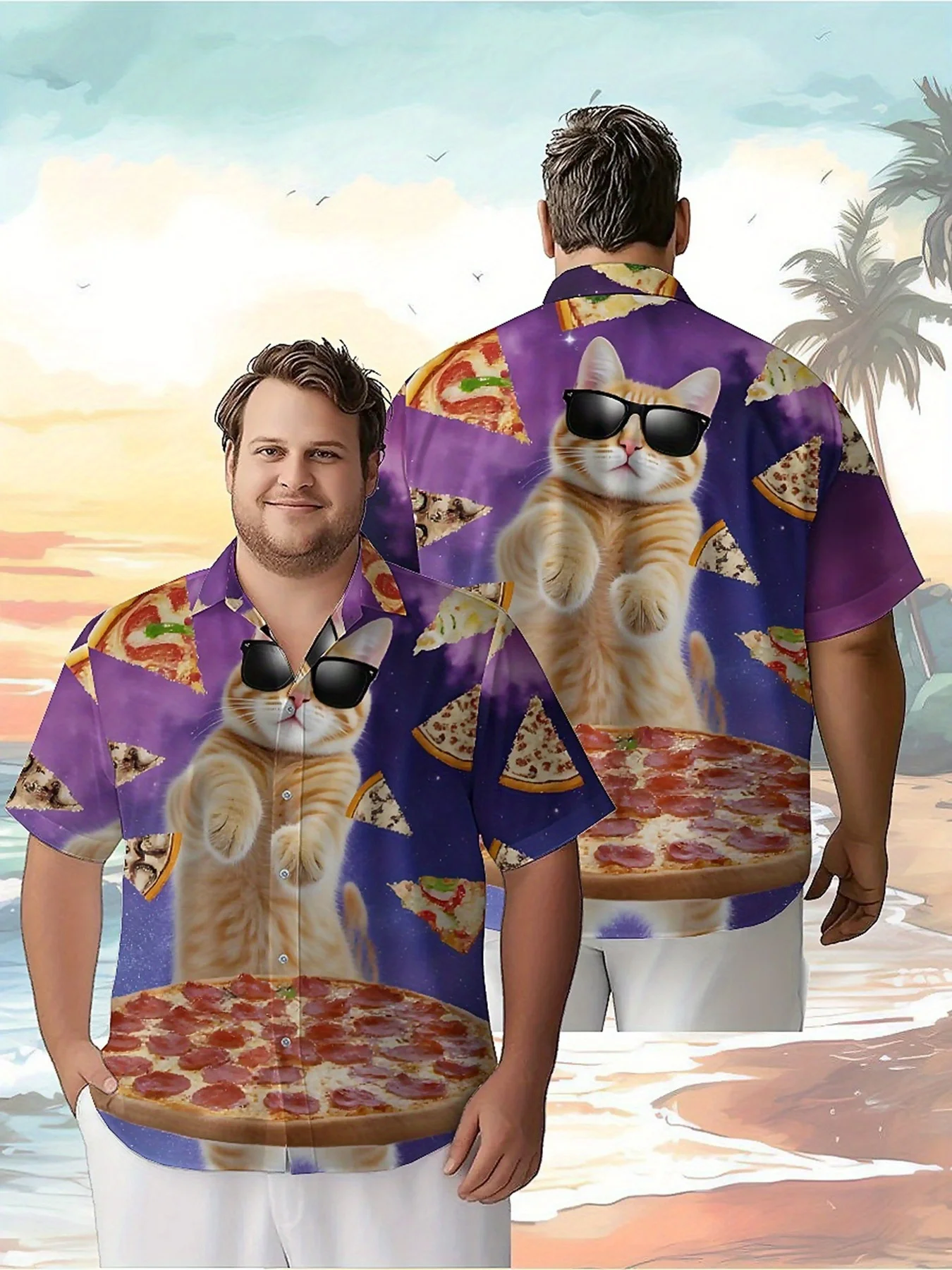 Men's Plus Size Hawaiian Shirts Interstellar Pizza Cat Pattern,Premium Comfort Youth Clothes,Y2K Tops