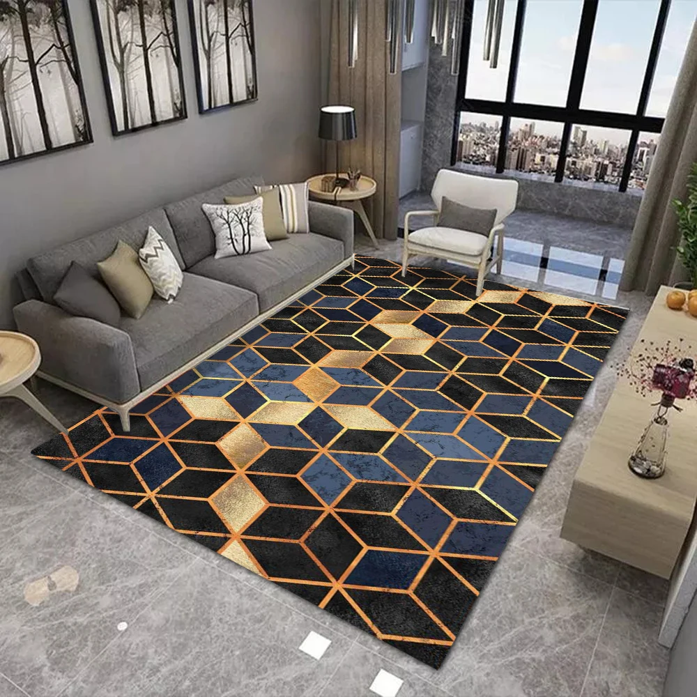 سجادة أرضية هندسية فاخرة وخفيفة وحديثة مع سجادة بنمط خط ذهبي ومموج سداسي ومناسبة لمشاهد متعددة