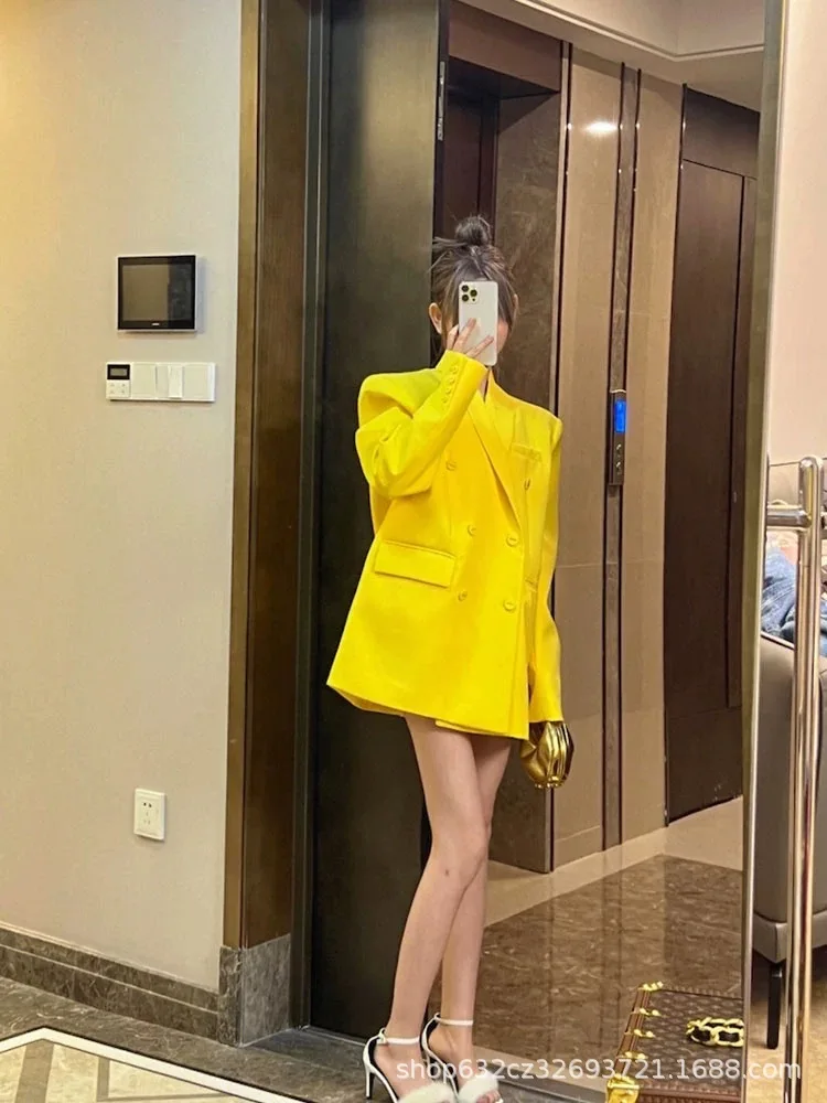 Fashion Yellow Oversize Blazer Coat for Women 2024 Early Autumn New Design Sense Chic Idle Style Casual Suit Jacket Top Ladies