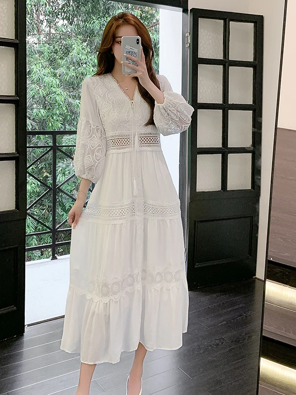Spring V-neck Slimming Beach Vacation Long Dress Women Summer Affordable Commute Ethnic Style High Waist Lace Long Sleeve A-l...
