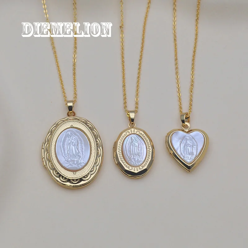 Fashion Virgin Mary Medal MOP Shell Pendant Gold Plated Peach Heart Shaped Photo Picture Frame Openable Locket Necklace Jewelry