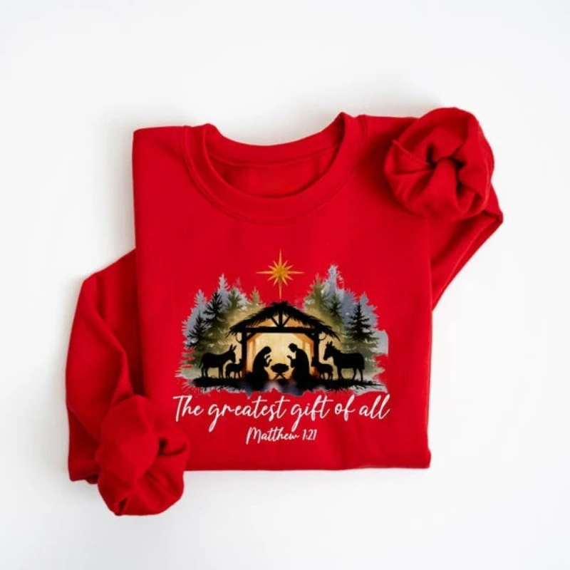 Nativity Scene The Greatest of All Christian Sweatshirt Matthew 1:21 Faith Xmas Religious Holiday Gift Winter Matching Hoodies