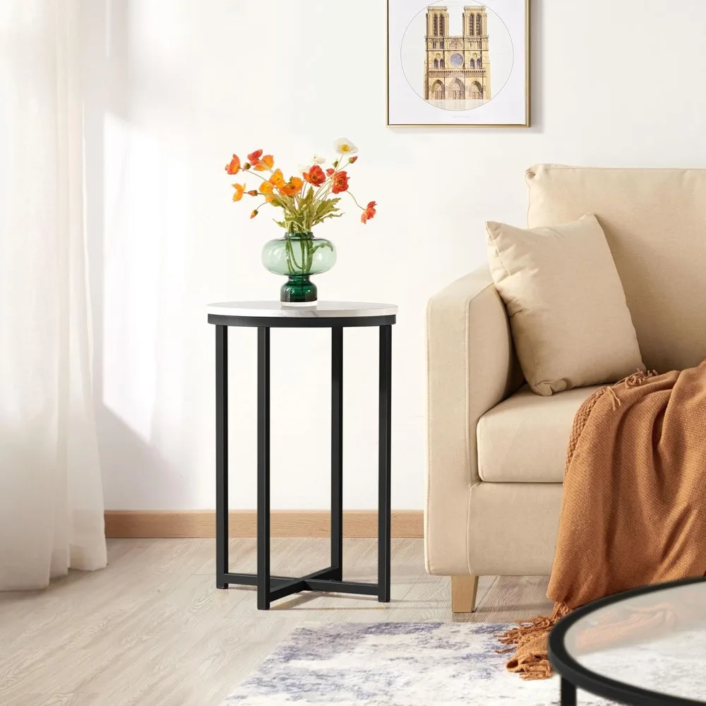 Mesa moderna com detalhes em mármore falso, mesa lateral redonda de 16 polegadas com base X e pernas de metal resistentes para sala de estar