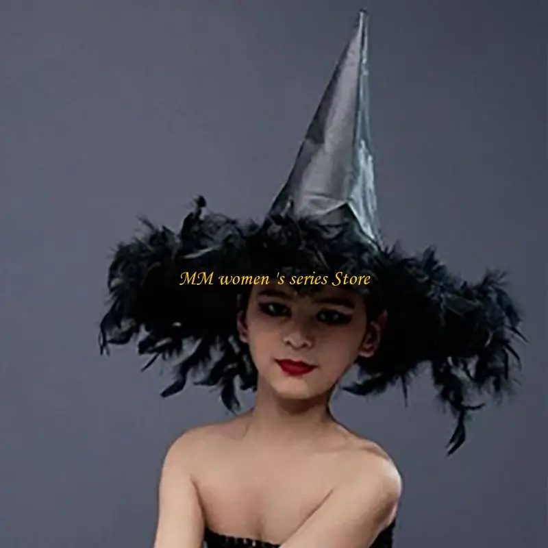 Q39C هالوين الساحرات قبعة الريش هامش النساء زي فتاة فستان اكسسوارات زينة للحفلات التنكرية Cosplays