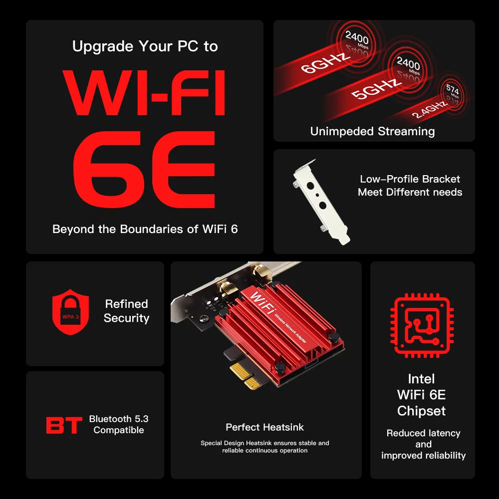 WiFi 6E 5400Mbps PCIe Wifi Adapter AX210 Bezprzewodowa karta sieciowa AXE3000 BT5.3 2.4/5/6GHz 5374Mbps MU-MIMO 802.11ax dla Win 10/11