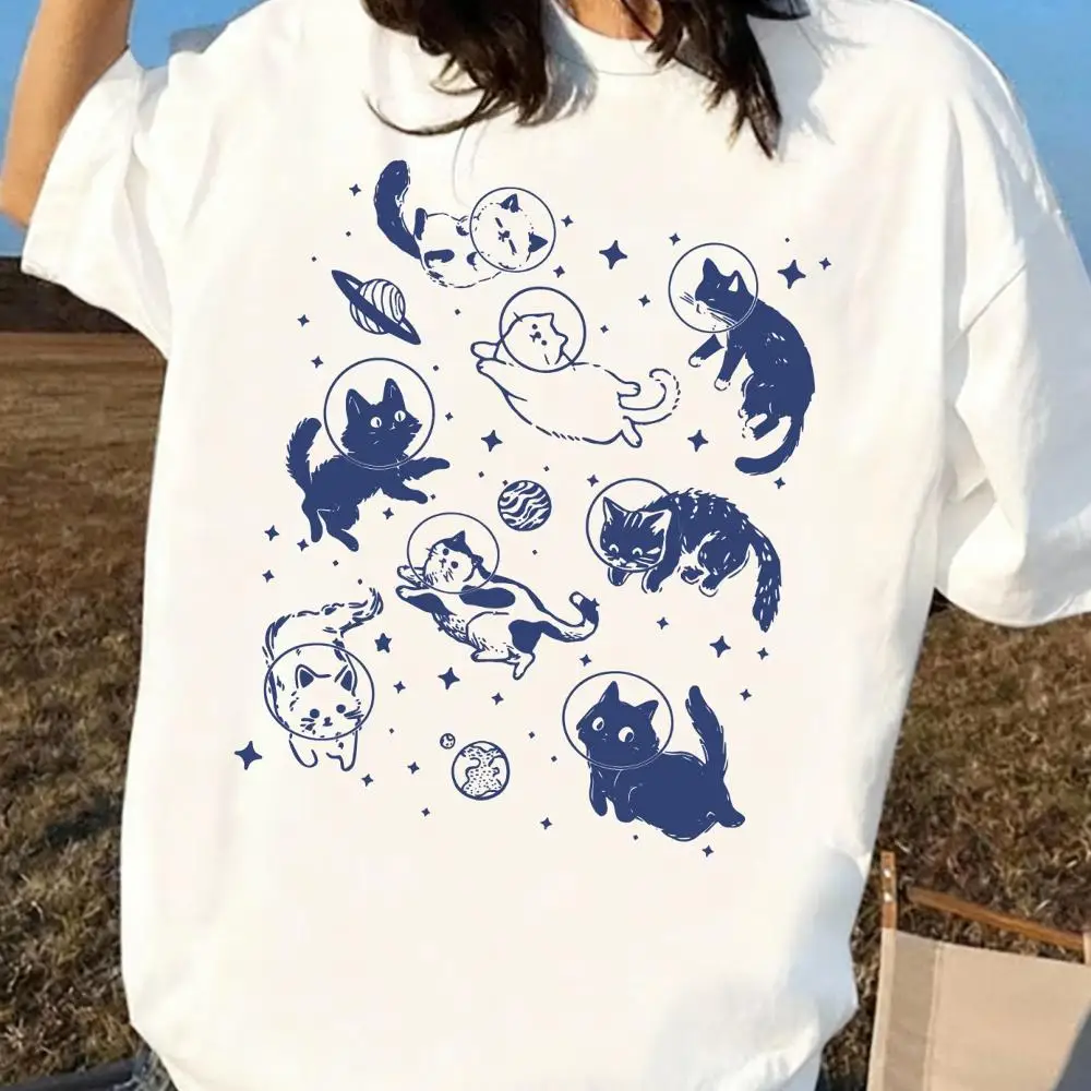 Women s Summer Cat In Space Graphic Print Round Neck Short Sleeve Simple Casual Everyday Plus Size T-Shirt Tops, Funny Cat T-Shirt, Aesthetic Gra