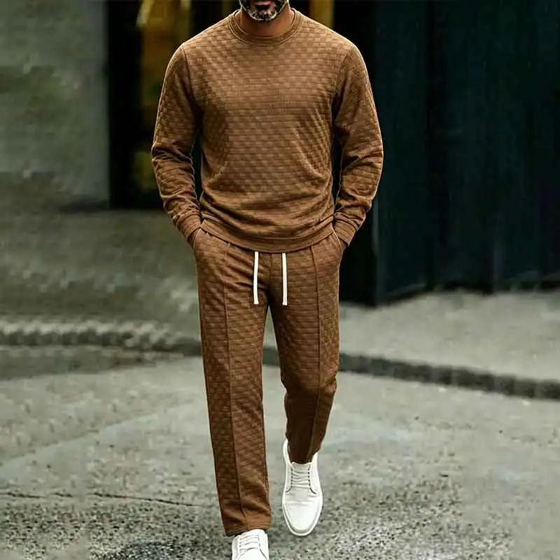 European Size Men's Autumn Textured Tracksuit Set American Style Casual Sweatshirt & Straight Leg Joggers Two Piece Outfit 2026