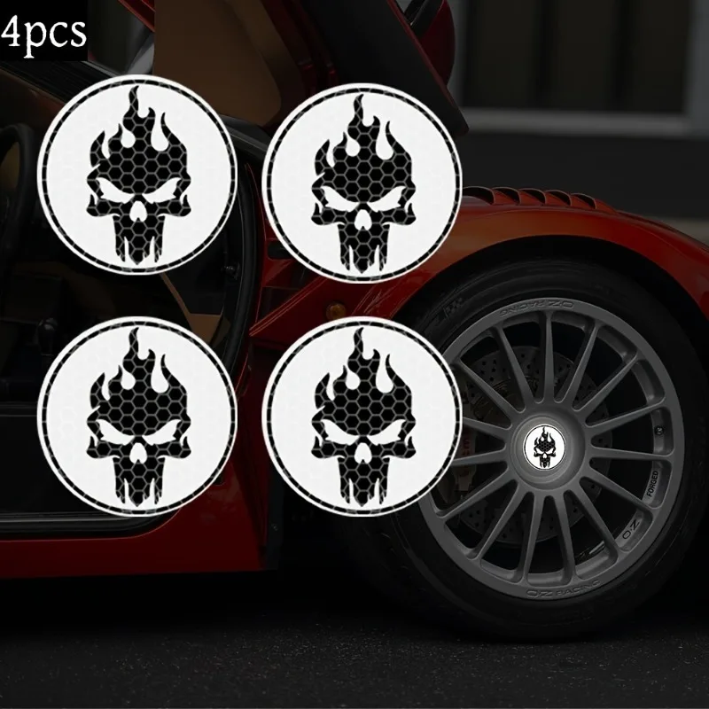 4PCS Flame Skull Reflective Car Wheel Hub Stickers Waterproof for Cars Trucks SUVs Night Driving Safety Warning Vinyl Decals