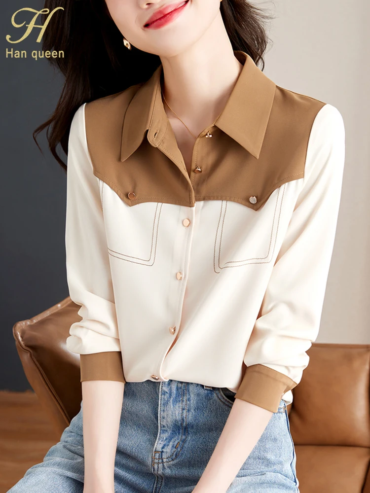 H Han Queen Autumn Colorblocking Career Blusas Turn-Down Collar Vintage Tops Elegant Chiffon Blouses Loose Casual Shirts Women