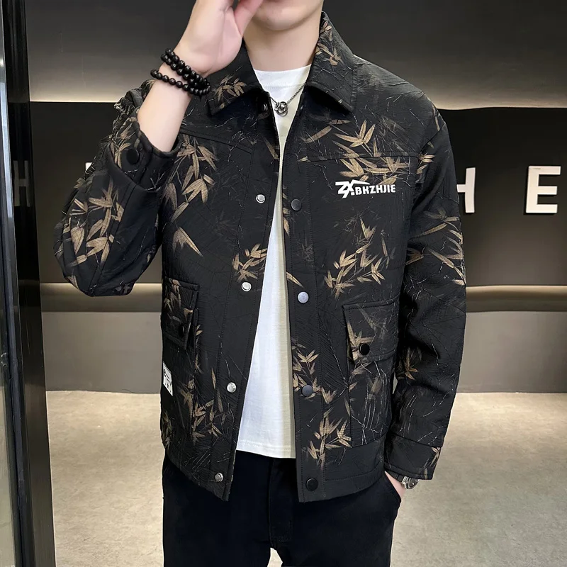 

Мужская повседневная куртка свободного кроя с отложным воротником, этнической вышивкой, модная, брендовая, весенне-осенняя верхняя одежда из полиэстера