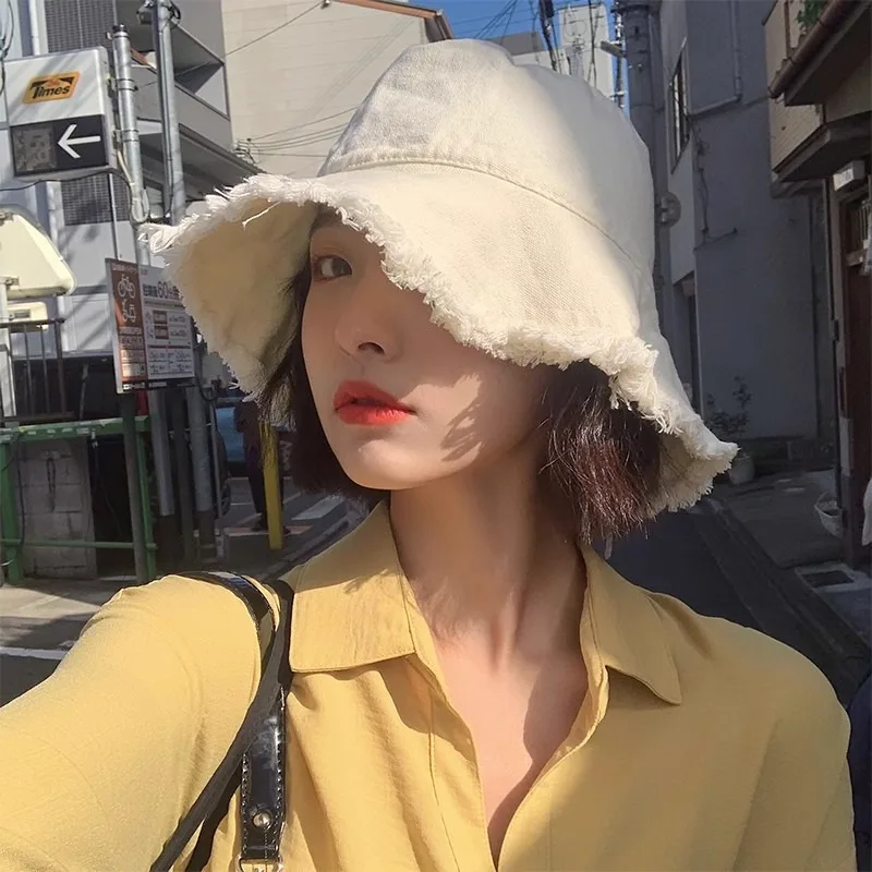 Ins Aesthetic Japanese Fresh Bucket Hat Foldable Cotton Tassel Brim Face Slimming Women Summer Daily Outdoor Sun Hat