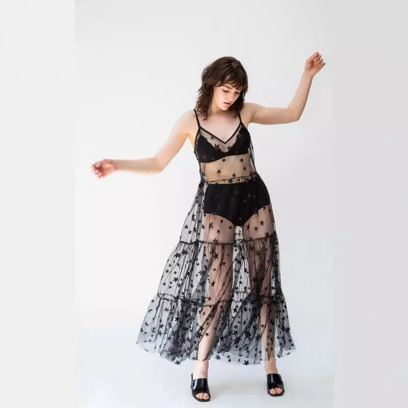 Sterrenprint Strand Enkellange Spaghetti Jurk Vrouwen Zomer Mouwloze V-hals Vestidos Vrouwelijke Kant Mesh Shirring Jurken