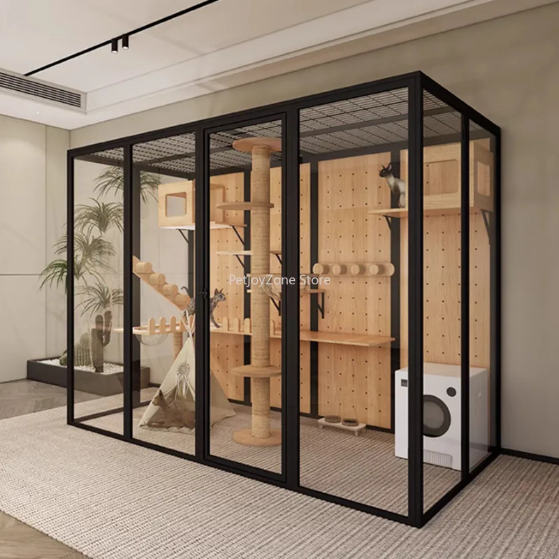 Aluminum Profile Black Frame Indoor Cat House With Climbing Posts Full Clear Glass Wooden Fittings Pet Cage For Active Cats