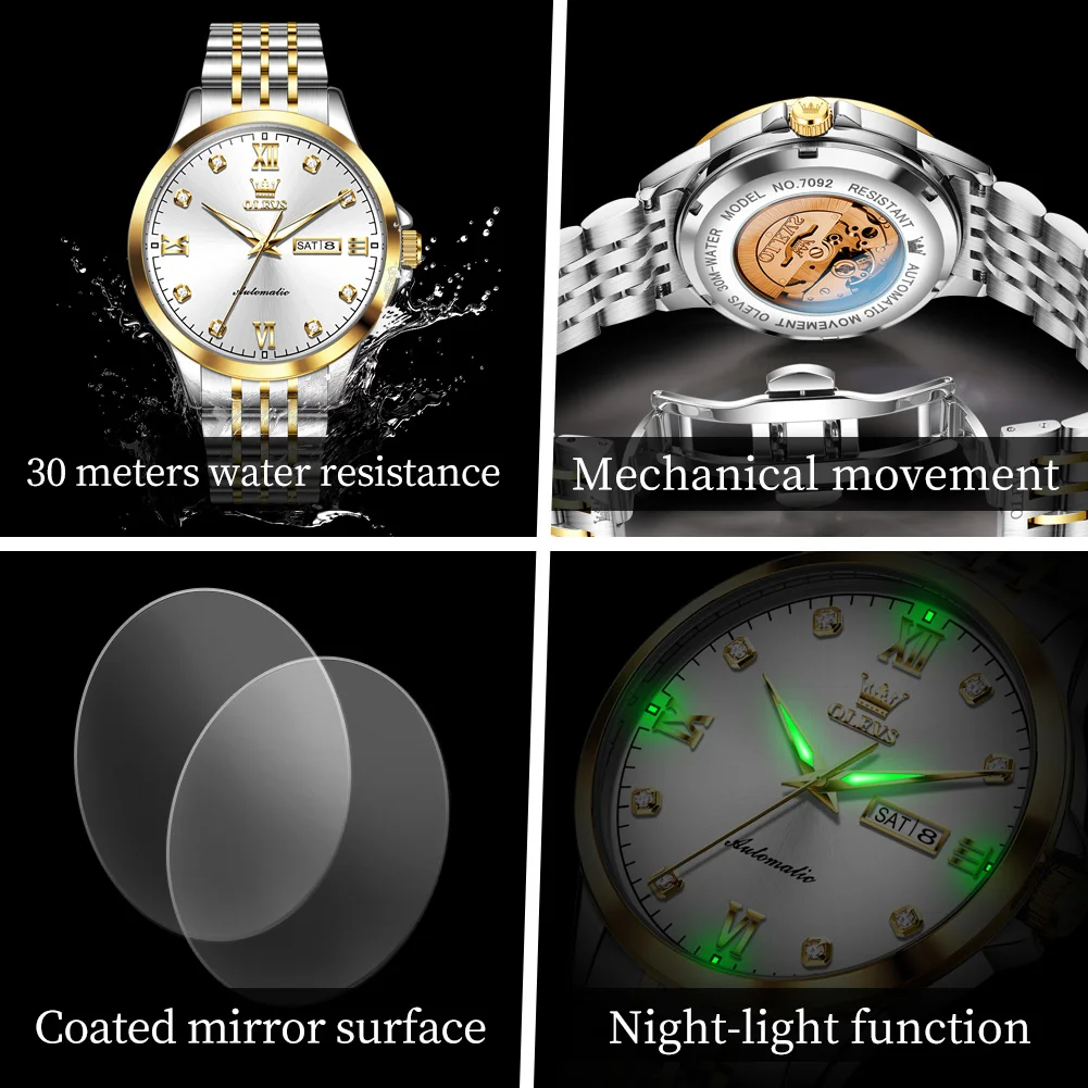 ساعة OLEVS ميكانيكية أوتوماتيكية بالكامل جديدة أصلية من الفولاذ المقاوم للصدأ بمقياس ماسي للرجال مقاومة للماء وتوهج ليلي ﻿