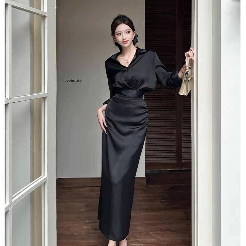 Autunno francese di fascia alta elegante dignitoso set da 2 pezzi camicia nera a vita alta da donna + gonna a sirena in raso set da banchetto formale