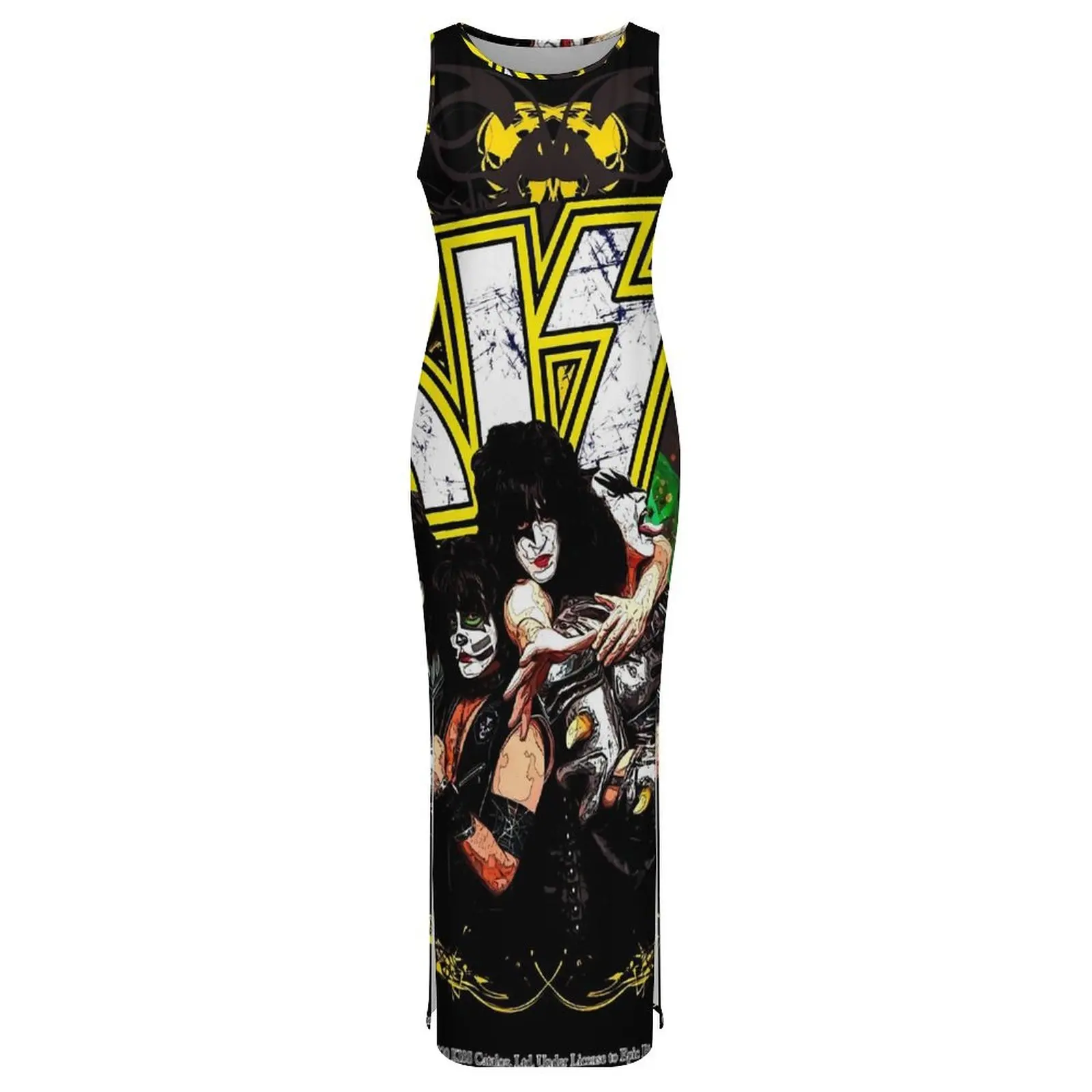 Kiss Band Bodycon Dress Spring Yellow and Black Modern Maxi Dresses Woman Sleeveless Printed Street Style Dress Big Size 3XL 4XL