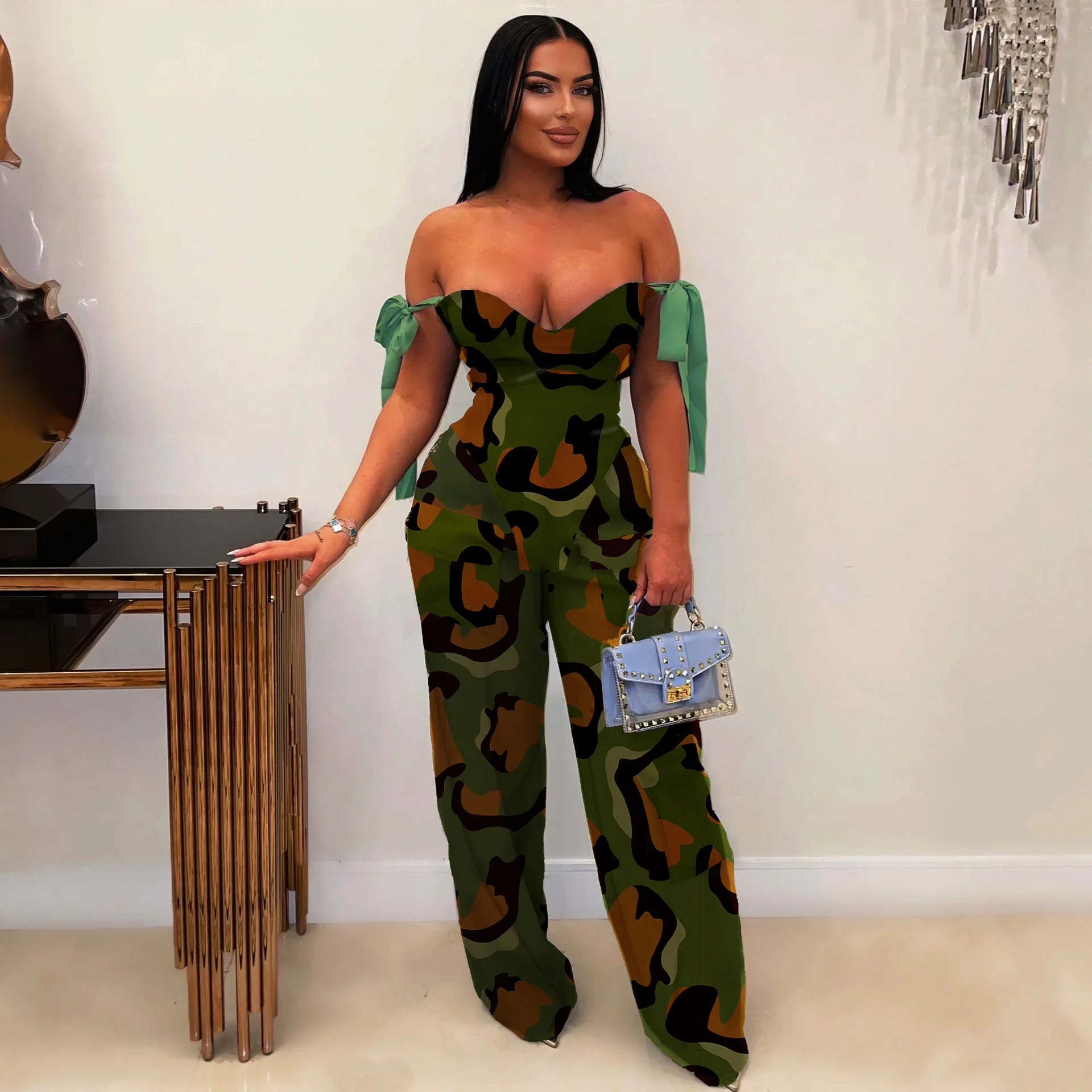 High Street Ladies 2-piece Suspender Set Sexy Off-shoulder Slim Fit Hottie Drawstring Pocket Fashion Straight Pants Suit