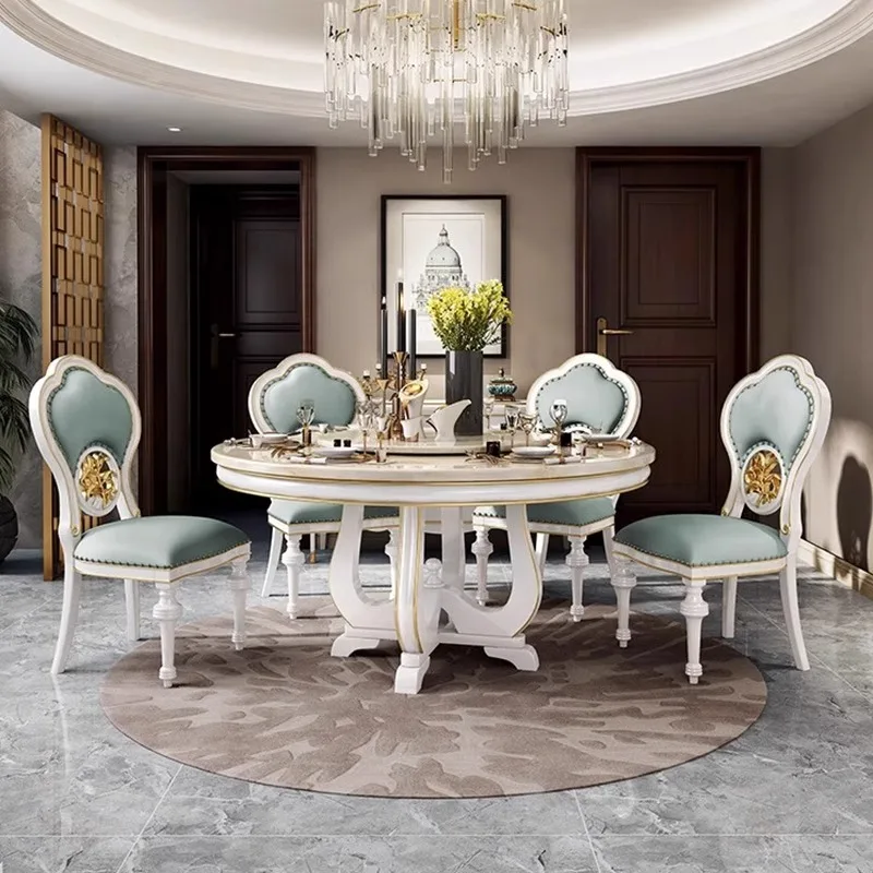 American light luxury solid wood dining table and chairs, high-end round table and 6 chairs in small and medium-sized restaurant