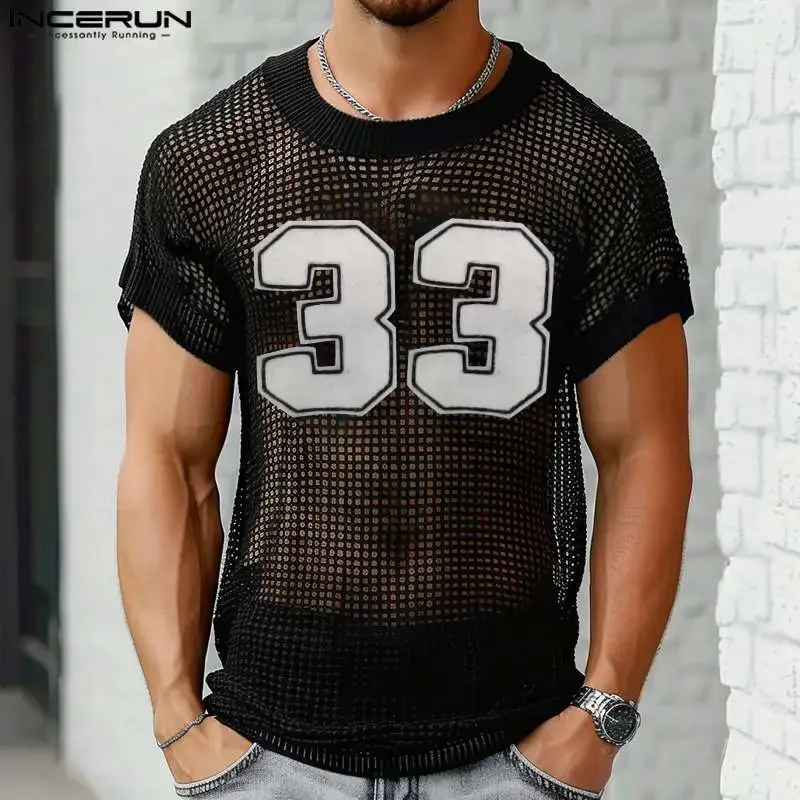 INCERUN Tops American Style Fashion Men Mesh Fabric Digit Printed T-shirt Casual Personality O-neck Short Sleeved Camiseta S-5XL