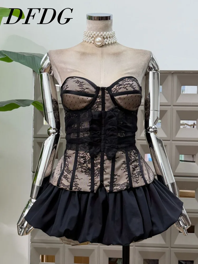 

DFDG женский дизайнерский комплект из нержавеющей стали 2025 года, винтажное кружевное бюстье, юбка-пузырь, королевский корсет, наряд из двух предметов, элегантный комплект с цветочным принтом на талии