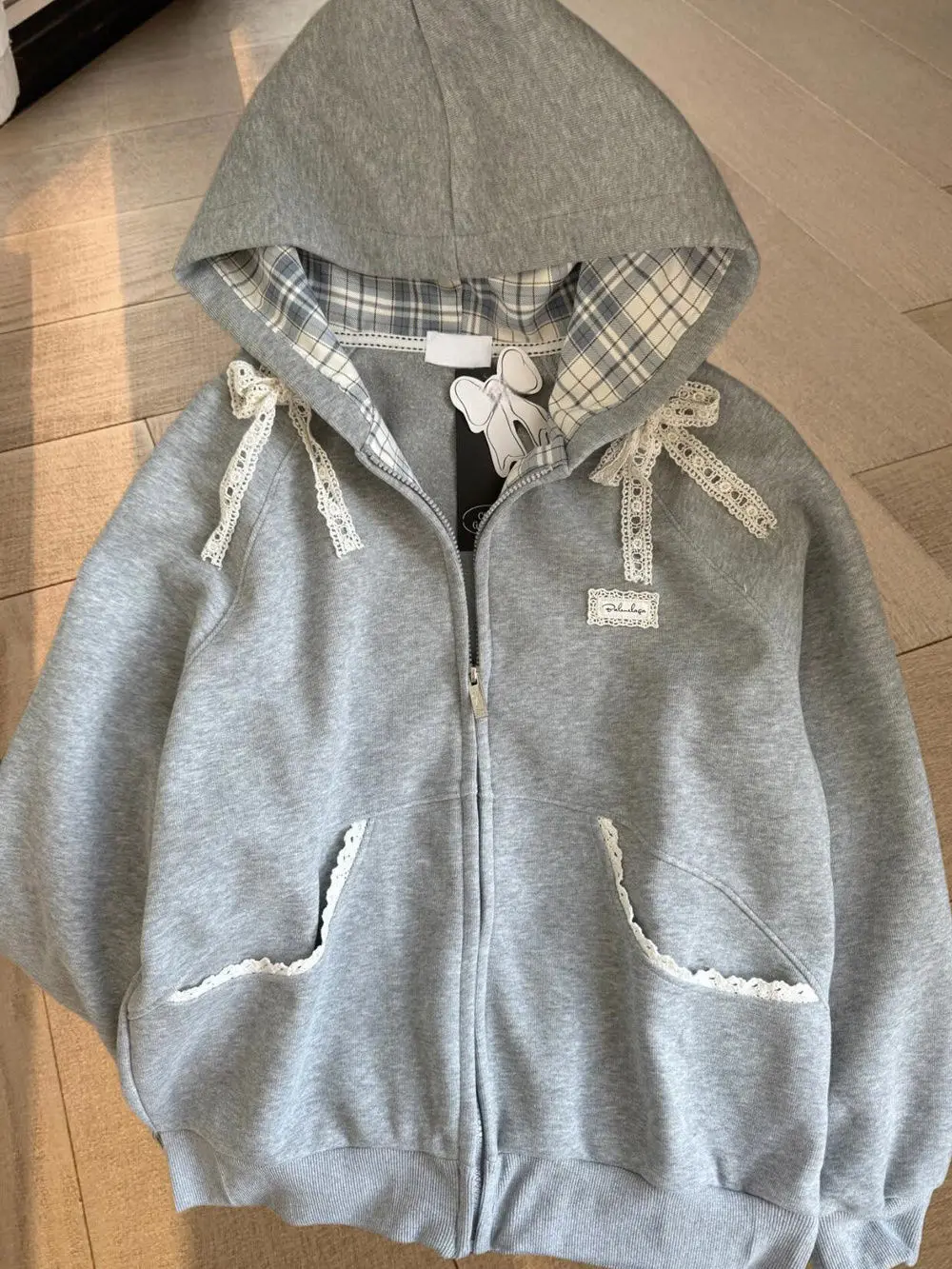 Lace Bow Elegant Hoodie Women's Oversized Slim Fit Zipper Tops Plaid Patchwork Coat Y2k Hooded Jacket 2025 Korean Fashion Autumn
