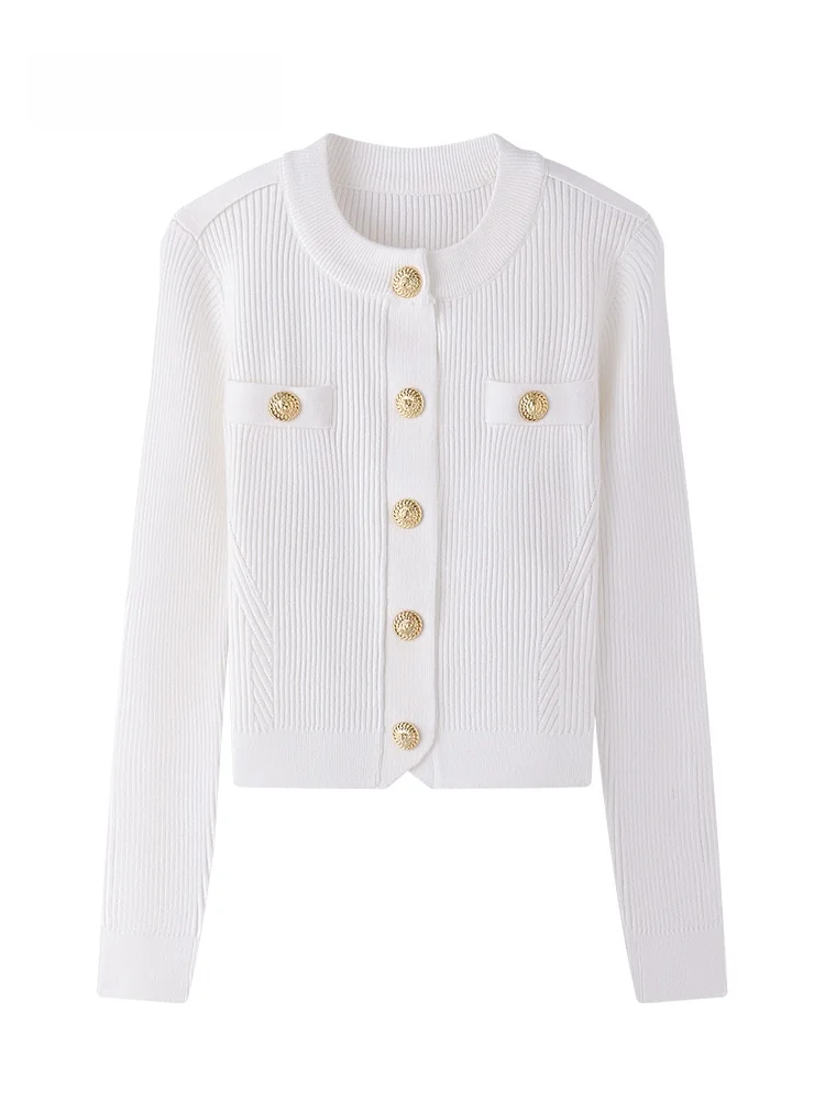 

JZZDEMM ort Fit Women's Knitted Cardigan Coat with Golden Button Vintage Sle Long Sve Low Collar Color Top
