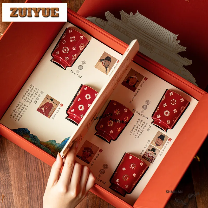 5 قطعة/مجموعة رسمت باليد باو شيانغ الزهور الأحمر فنجان الشاي الرجعية وعاء الشاي القدح الشاي تذوق كوب شخصي Jianzhan ماستر أكواب Teaset 80 مللي