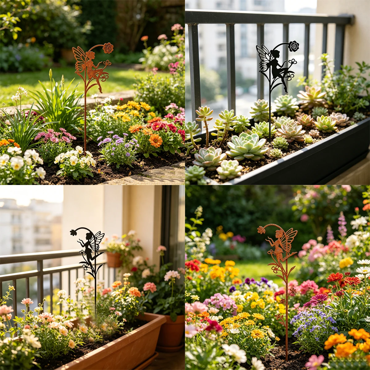 1Pc Iron Art Garden Decorative Stake, Outdoor Garden Decorative Artwork, Black/Rust-Colored Metal Silhouette Fairy Decoration, Featuring a Fairy Sitting/Standing on a Flower Branch, Creating a Fairy-Like Scene, Suitable for Placing in Lawns, Gardens, or Planters.