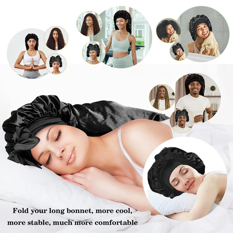 Bonnet en Satin pour Femme Noire, Tresses, Rose, avec Bande Extensible, 76cm de Long, 1 Pièce