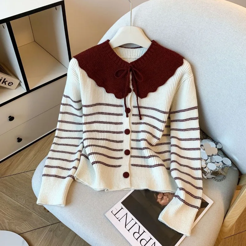 التباين اللون دمية طوق شال مخطط سترة مشغولة من الصوف المرأة الخريف الشتاء جديد التنقل فضفاض تنوعا سترة سترة #2