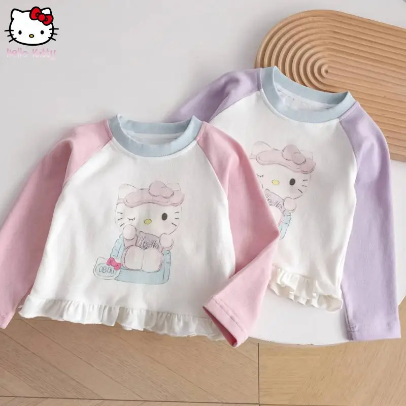 

Hello Kitty Cartoon Girls T-Shirt Anime Kawaii Sanrio Spring Autumn New Fashion Long-Sleeved Tops Base Shirt Sweet Cotton Soft