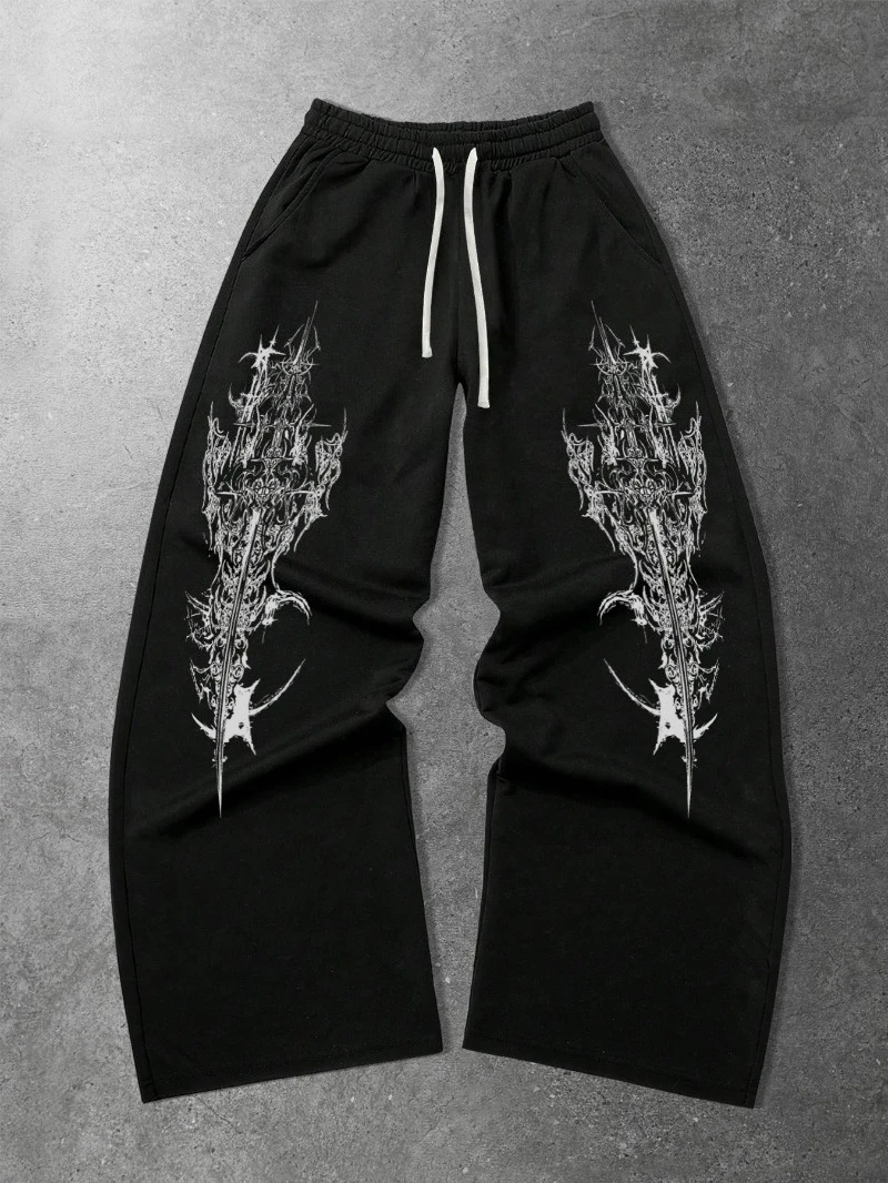 

Мужские готические темно-готические джоггеры — свободные брюки прямого кроя с черным готическим узором, всесезонные повседневные брюки