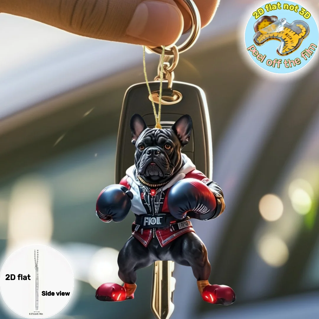 2D Boxing Bulldog Pendant Cute Puppy Keychain Fun Flat Acrylic Ornament Charms for Car Bag Festive Party Gift Hanging Decoration