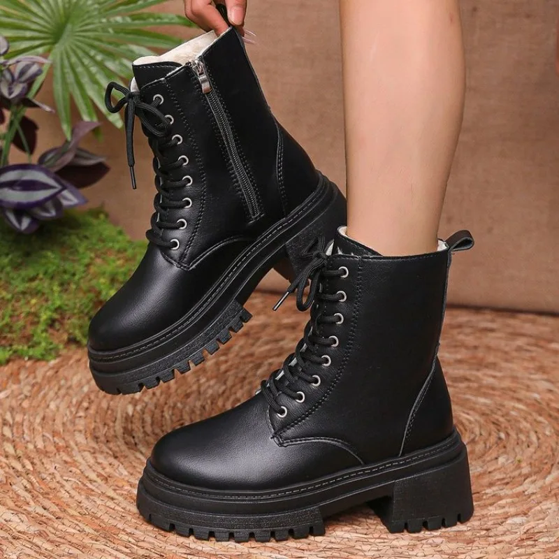 

Winter Warm Short Plush Ankle Boots Women Fashion Zip Lace Up Platform Combat Boots Woman Comfy Low Heels Pu Leather Botas Mujer