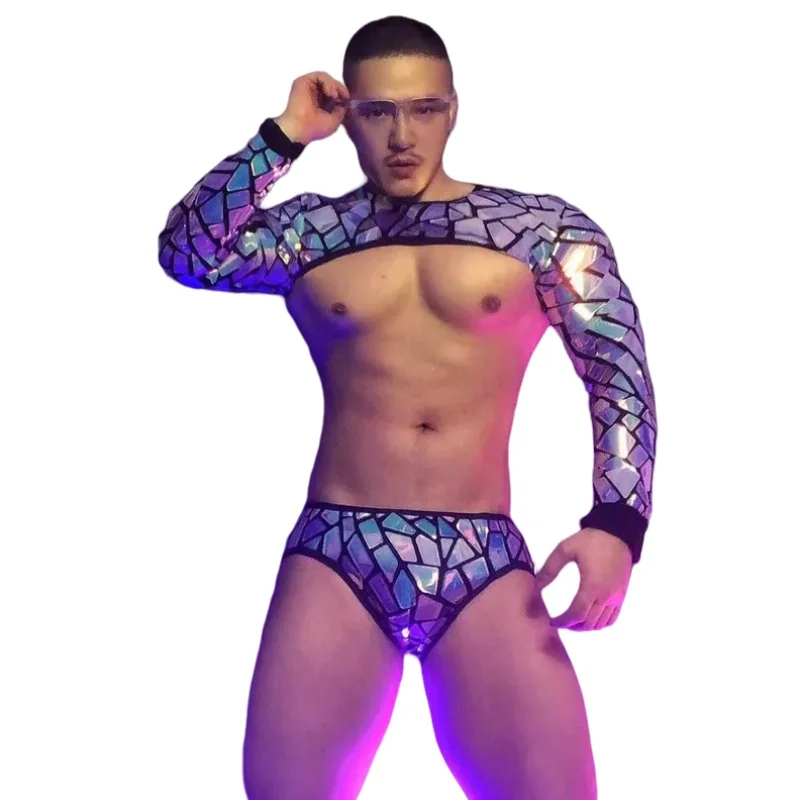 Costume de breven Tricot à Paillettes pour Homme et Femme, Tenue de Bar, Discothèque, Laser, Miroir, Violet, Bleu, Short en Y, Vêtements de Performance