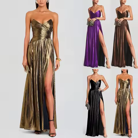 Luxury Women Corset Evening Cocktail Dress Elegant Metallic Off Shoulder V Neck Folds Slit Gala Graduation Long Dress Prom Gown