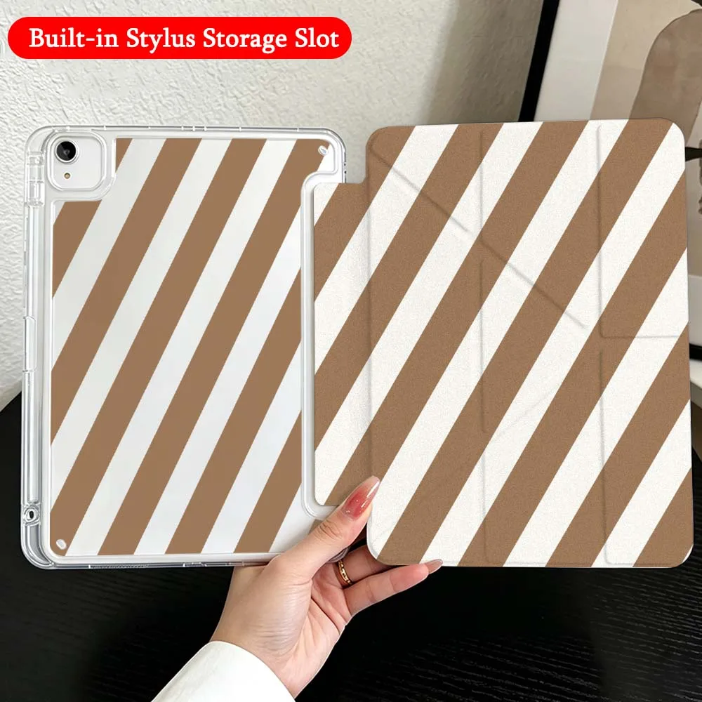 

Diagonal White Stripes For iPad Mini Pro Air 5 6 7 8 9 10th 11th 11 9.7 10.9 13 inch Transparent Y-Shaped Folding Tablet Case