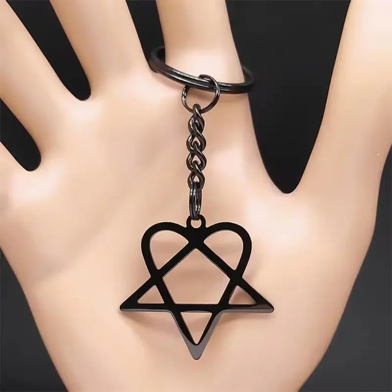 Rock Music Him Heartagram Star Heart Key Ring Stainless Steel Silver Color Men Women Bag Charm Keychain Party Gift Jewelry