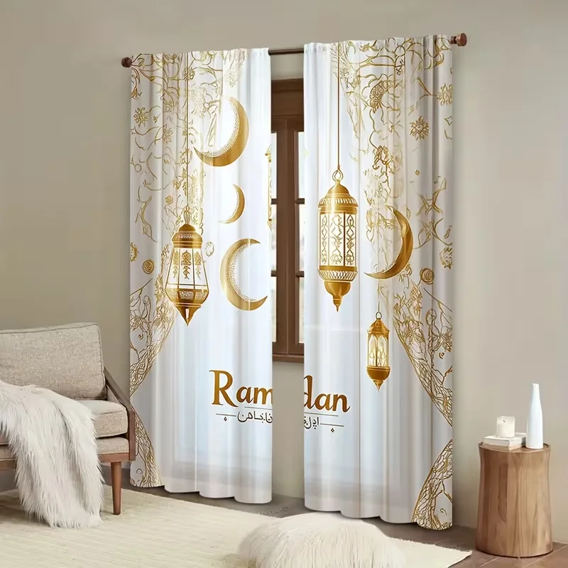 2 x transparente Vorhänge mit goldener Ramadan-Laterne und Mond – luxuriöse Fenstervorhänge mit orientalischem Festival-Aufdruck für Wohnzimmer- und Schlafzimmerdekoration